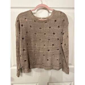 Cozy Casual Tan Crewneck "Holey" Lightweight Sweater, S/M